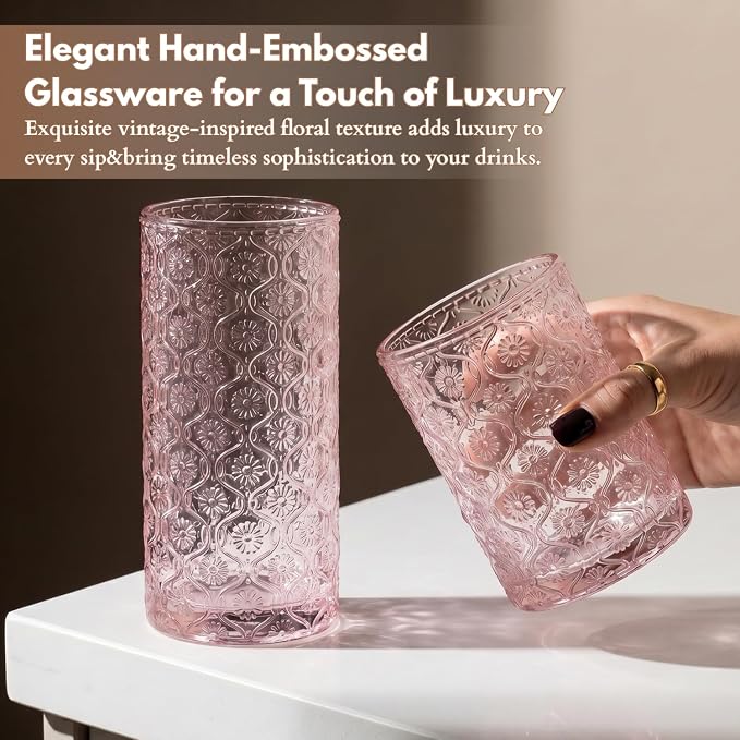 Pink Drinking Glasses Set of 8, 12 Oz Highball & 10 Oz Cocktail Glasses with Straws, Thick Glass Iced Coffee Cups, Floral Embossed Kitchen Vintage Glassware Set for Water, Beer, Juice, Whiskey - Image 5