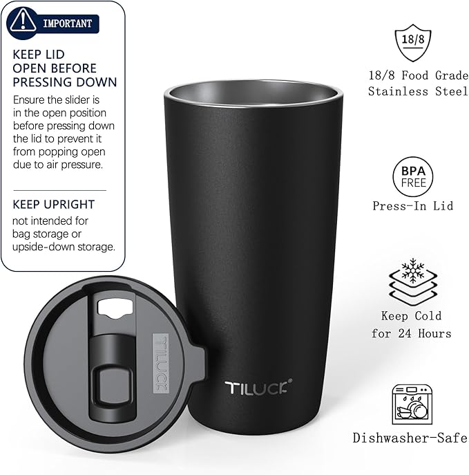 TILUCK 20 oz Insulated Coffee Tumbler with BPA-Free Lid | Travel Coffee Mug, Dishwasher Safe, Cup Holder Friendly, Double-Wall Vacuum Insulation for Hot & Cold Drinks, Matte Black - Image 2