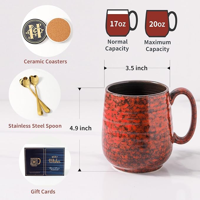 HASENSE Ceramic Coffee Mug Set of 2, 20 Oz Tea Cups for Women and Men, Handmade Large Latte Mugs with Handle, Gift Box with Coaster & Gold Spoon, Perfect for Christmas Thanksgiving, Blue & Red - Image 5