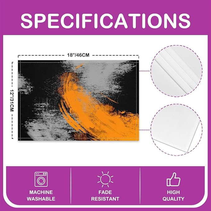 Feelyou Ombre Orange Black Placemats Set of 4 18"x12" Kids Abstract Placemat for Kitchen Dining Table Decor Indoor Outdoor for Boys Geometric Table Place Mats, Modern Art Luxury - Image 4