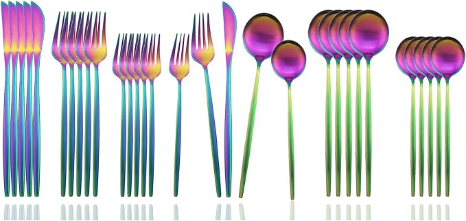 JASHII Flatware Silverware Set Stainless Steel Satin Finish Cutlery Set Service for 6, 30-Piece Spoons And Forks Kitchen Utensil Set, Dishwasher Safe (Matte Rainbow) by JASHII