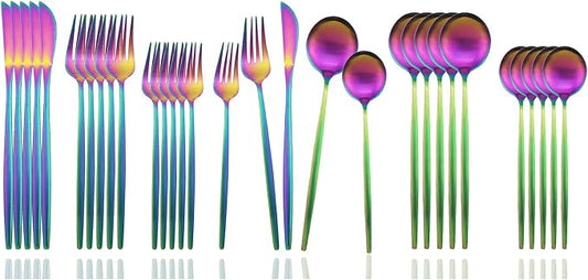 JASHII Flatware Silverware Set Stainless Steel Satin Finish Cutlery Set Service for 6, 30-Piece Spoons And Forks Kitchen Utensil Set, Dishwasher Safe (Matte Rainbow) by JASHII