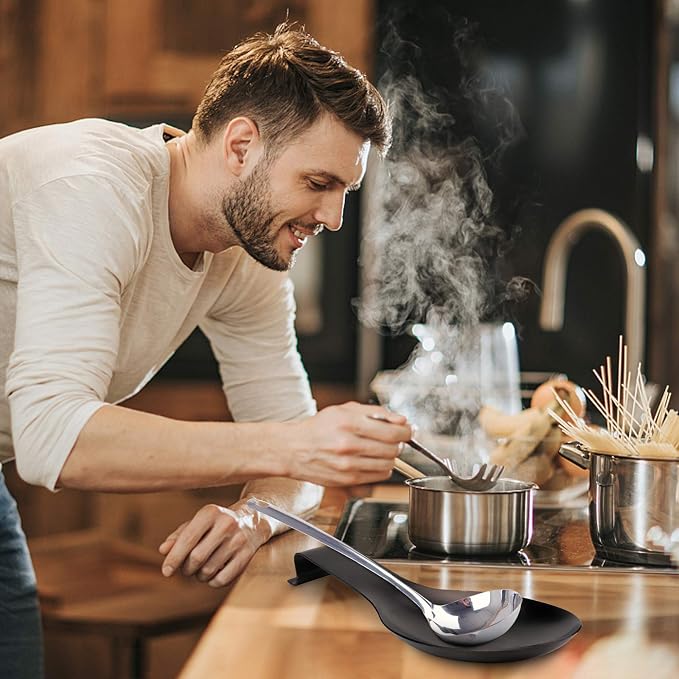 VanlonPro Stainless Steel Spoon Rest, Spatula Ladle Holder, Stainless Steel Utensil Spoon Rest Holder, Brushed Finish, Dishwasher Safe 9.8 x 3.7 Inch (Black 2PCS) - Image 5