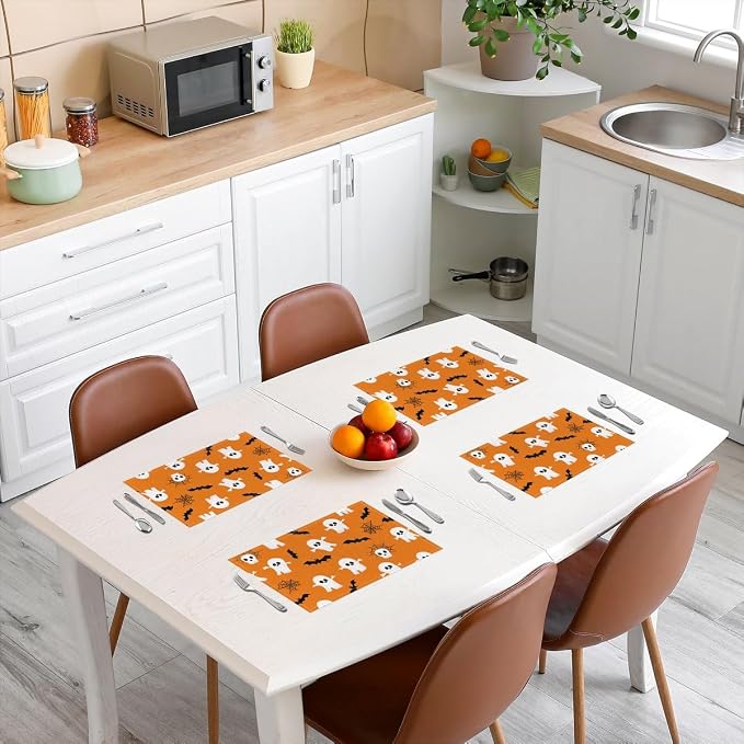 Feelyou Happy Halloween Placemats Set of 4 Cute Ghost Table Mats for Party Kitchen Dining Decoration White and Orange Place Mat for Table Holiday Decor Indoor Outdoor 18"x12" Washable Bats Cobweb - Image 3