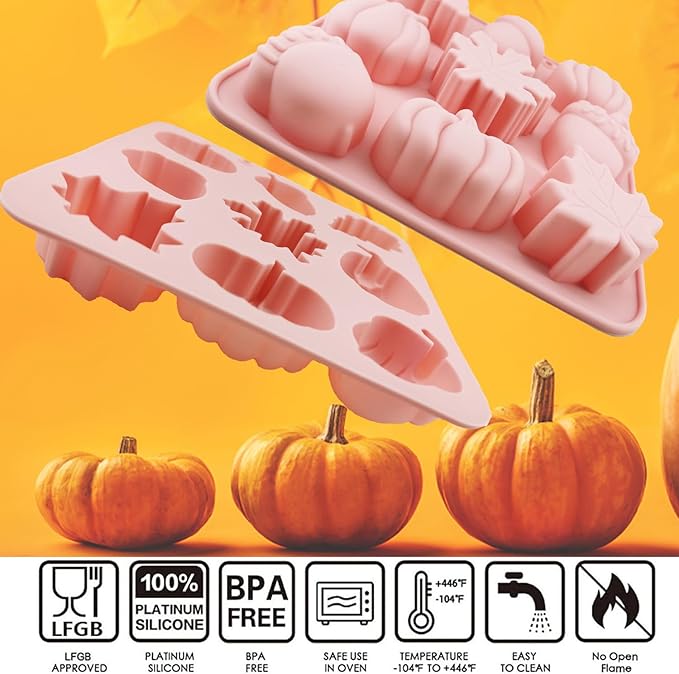 2Pcs 3D Pumpkin Silicone Mold Fall Silicone Mold Halloween Thanksgiving Candy Mold Autumn Maple Leaf Acornshape Chocolate Candy Cake Pan Baking Tray Molds for Cake Decoration upcake Toppers Resin Cand