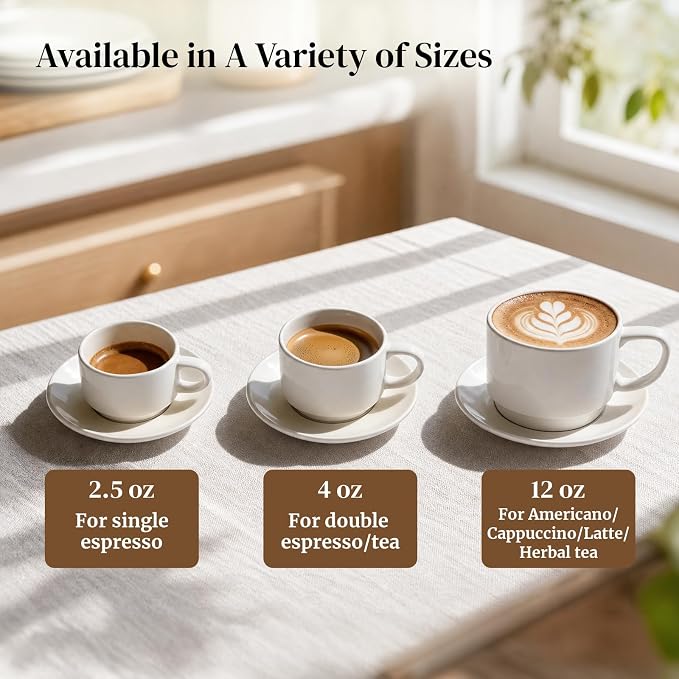 DOWAN 4 OZ Stackable Espresso Cups, Porcelain Coffee Cups with Saucers Set of 4, White Espresso and Tea Cups for Home, Office and Cafe Use - Image 3