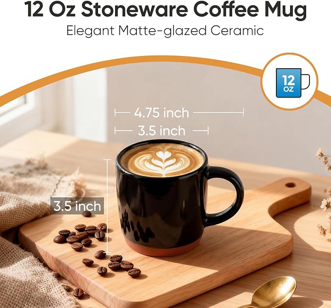 E-far Ceramic Coffee Mug Set of 4, 12oz Stoneware Coffee Cup with Handle, Porcelain Tea Cups, Modern Farmhouse Latte Mug Gift Set for Women & Men, Microwave Safe, Matte Black - Image 2