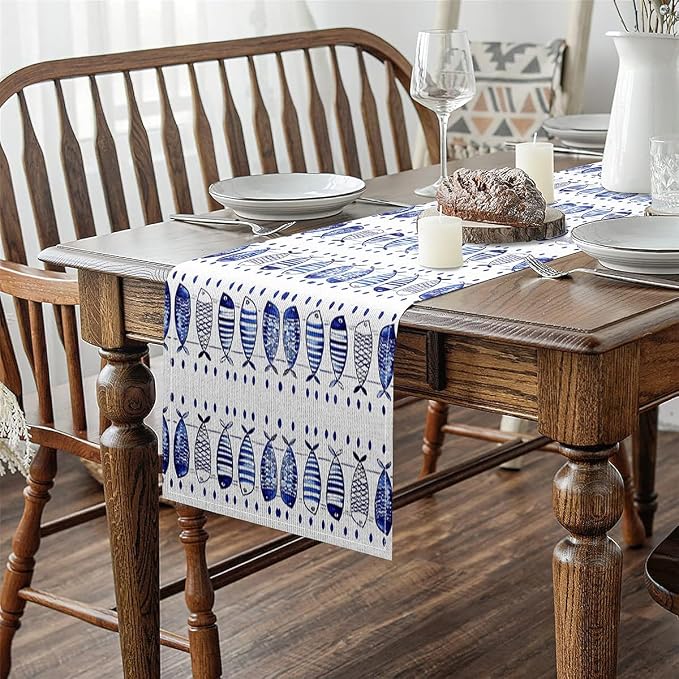 jejeloiu Ocean Fish Table Runner Blue and White Ocean Dresser Scarfs Nautical Fish Design Dresser Runners Sea World Table Decoration for Home Party Decor 13x60 Inch - Image 4