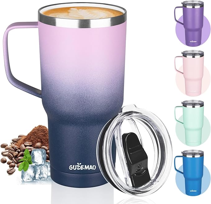 20 oz Insulated Coffee Mug with Ceramic Coating, Stainless Steel Travel Mug Tumbler with Handle Lid and Straw, Double Wall Leak-Proof Coffee Travel Mug Keeps Drink Hot and Cold (Purple blue) by GUDEMAO