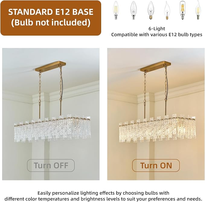 L39 inch Gold Rectangle Crystal Chandelier, Modern Rectangular Water Ripple Glass Dining Room Chandeliers Light Fixture, 6-Lights Hanging Pendant Light for Kitchen Island, Living Room - Image 6