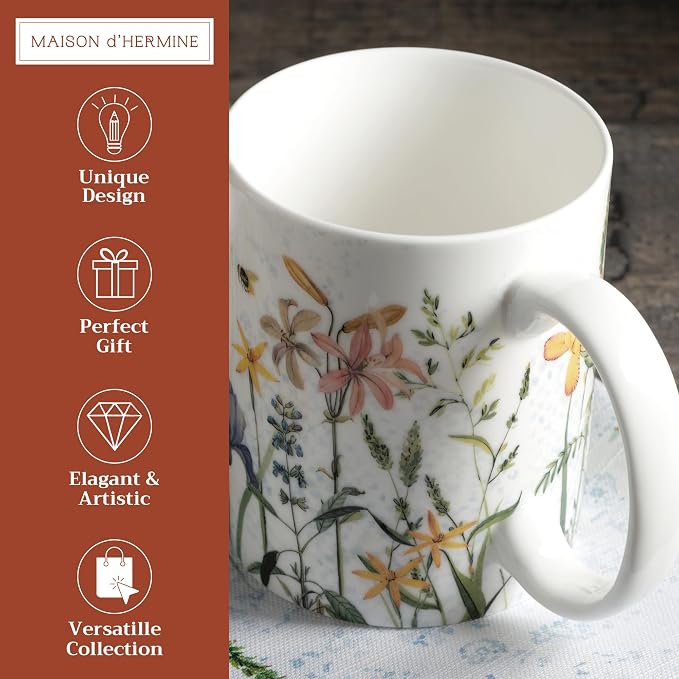 Maison d' Hermine Coffee Mug with Handles Tea Cups (15 Ounce, Pack of 1) | Fine Bone China Coffee Mugs for Hot Beverages Cappuccino Latte Home Restaurant Hotel Spring Summer -Fleurs De Mai - Floral - Image 2
