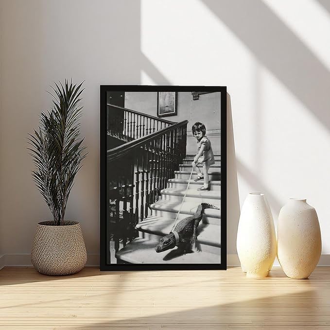 Girl Walking Baby Crocodile on Leash, Black And White Vintage Photo, Oddities, Funny Poster Canvas Poster Wall Art Decor Print Picture Paintings for Living Room Bedroom Decoration Black Frame 12x18in - Image 6