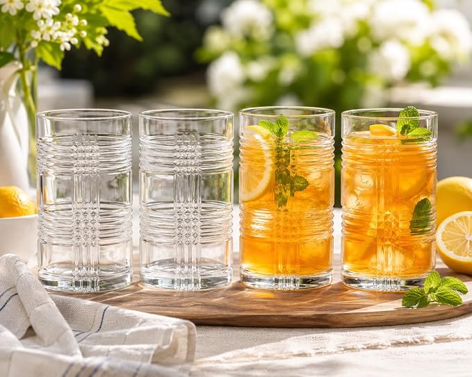 15.5 oz Highball Glasses Set of 4, Modern Ribbed Drinking Glasses, Clear Glass Tumblers for Water, Juice, Cocktails & Iced Tea, Heavy Base, Dishwasher Safe - Image 3