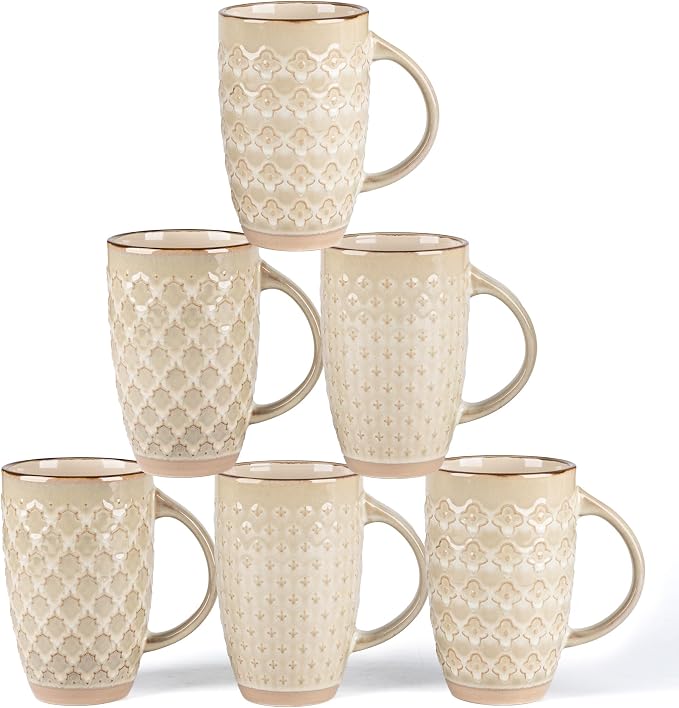 GBhome 20oz Large Coffee Mugs Set of 6, Handmade Tall Ceramic Coffee Mugs with Texture Patterns for Cappuccino, Latte,Hot Cocoa, Dishwasher & Microwave Safe-Pale Khaki by GBhome