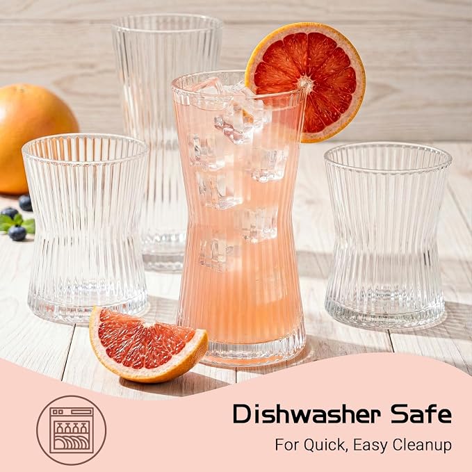 JOVGANK Drinking Glasses Set of 8 – Lead-Free Crystal Glassware, 4 Tall 10oz & 4 Short 8.5oz Vintage Ribbed Tumbler Glasses, Dishwasher Safe, for Juice Beer Cocktails, Great Housewarming Gift, Set B - Image 6