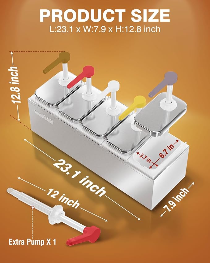 WantJoin Commercial Sauce Dispenser - 5X 2.75QT/2.6L Stainless Steel Pump Jars for Ketchup, Salad Dressing, Syrup, Jam, Salsa - Restaurant Condiment Station
