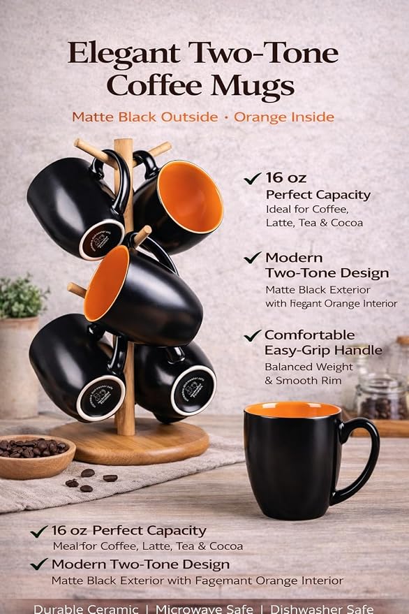 GBhome 16oz Coffee Mugs Set of 6, Large Ceramic Coffee Mugs for Man, Woman, Dad, Mom, Modern Coffee Mugs Set with handle for Tea/Latte/Cappuccino/Milk/Cocoa. Dishwasher&Microwave Safe,Orange - Image 6