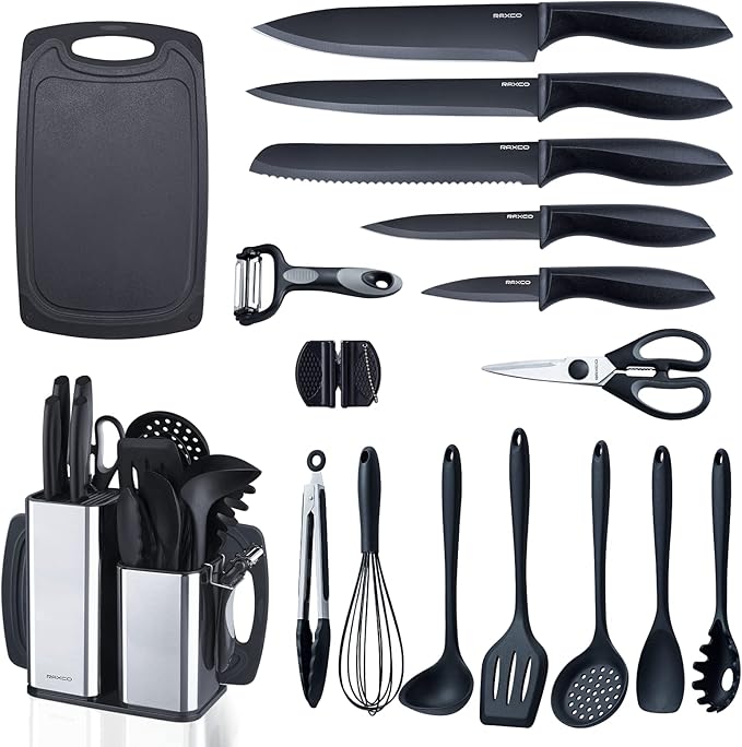RAXCO Kitchen Utensils Set,18-Piece Cooking Utensils and Knife Set,Black | Food-grade Silicone Heat-safe to 410°F, Detachable Stainless Steel Holder, 5 Kitchen Knives and Cutting Board All-in-one by RAXCO