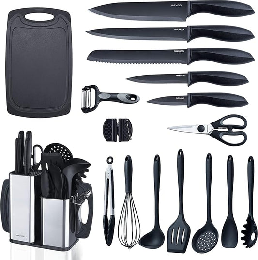 RAXCO Kitchen Utensils Set,18-Piece Cooking Utensils and Knife Set,Black | Food-grade Silicone Heat-safe to 410°F, Detachable Stainless Steel Holder, 5 Kitchen Knives and Cutting Board All-in-one by RAXCO