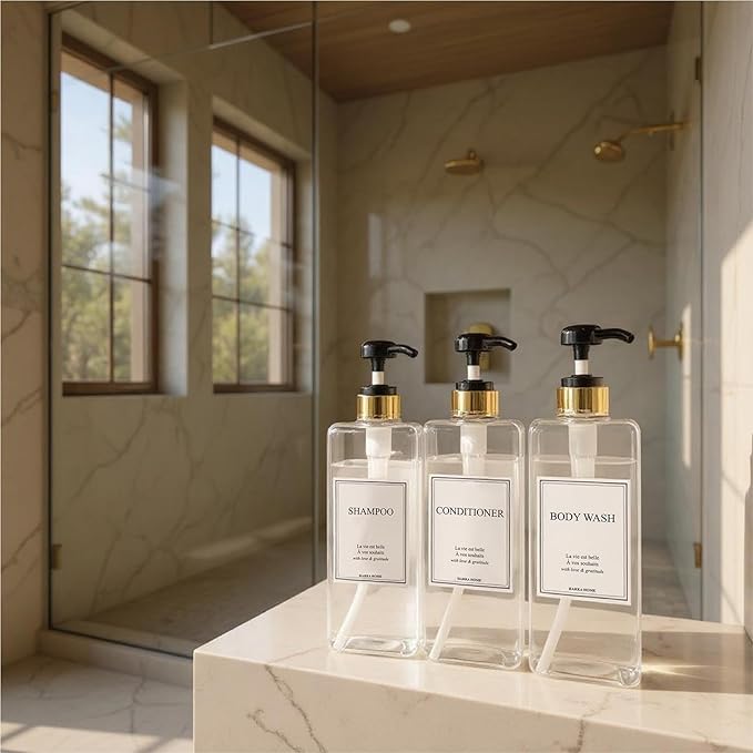 Modern Gold Design Large 27 oz Shampoo and Conditioner Dispensers - Empty Plastic Refillable Pump Bottle Set for Bathroom Shower Soap Dispenser, Includes 6 Waterproof Labels, et of 3 (Clear & Black)