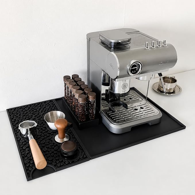 Coffee Bar Mats for Countertop, 23.6x15.7in Silicone Dish Drying Mat | Black Silicone, Home Bar Counter, 2-Zone Dish Mat Drying Kitchen Mat, 4 Tool Slots, Bartender Accessories - Image 2