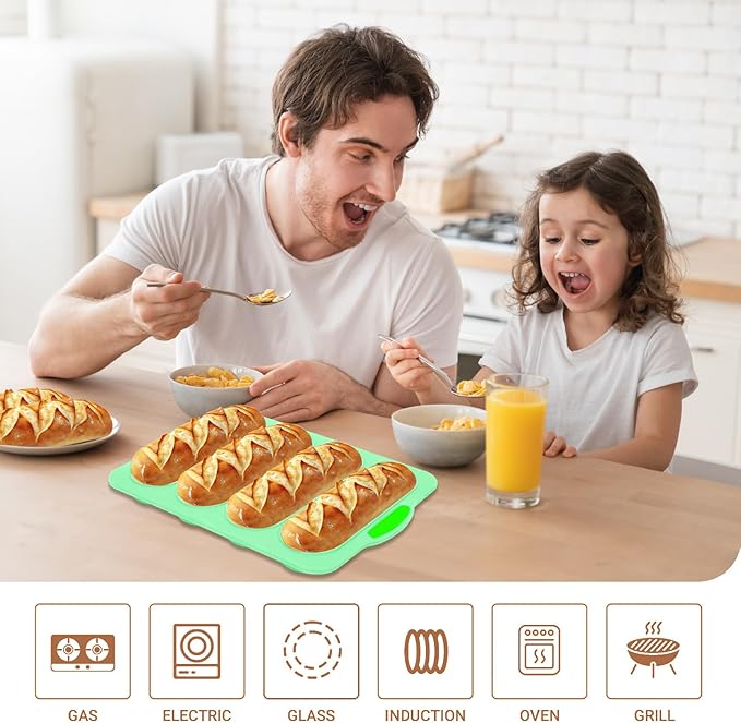 Silicone Bread Loaf Pan, 4-cavity Non-Stick Baguette Bread Pan Heat Resistant Hot Dog Bun Mold, for Sub Roll Baking Pan Bread Pans for Homemade Bread（Aqua Green）
