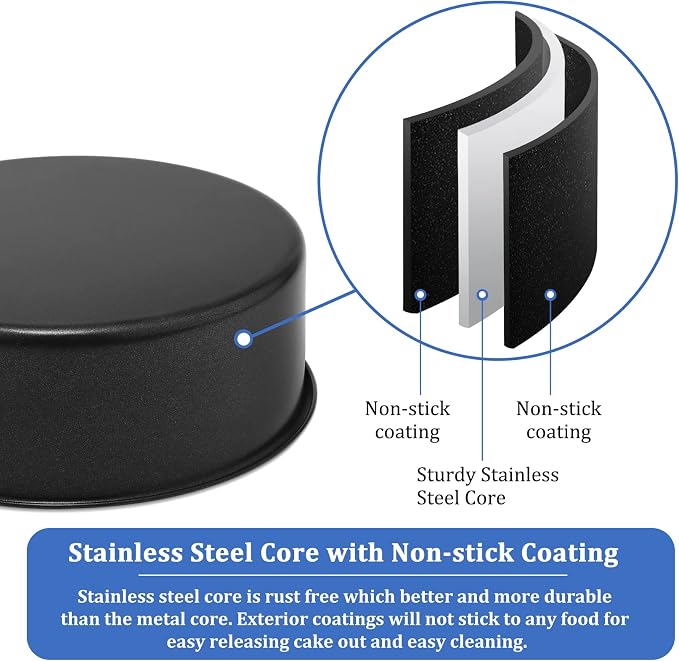 P&P CHEF 9.5 Inch Cake Pan Set, 2Pcs Non-stick Round Baking Cake Pans Tins | Stainless Steel Core & Nonstick Coating, Good for Baking Layer Tier Cakes for Birthday Wedding, Deep Side & One-piece Design - Image 4