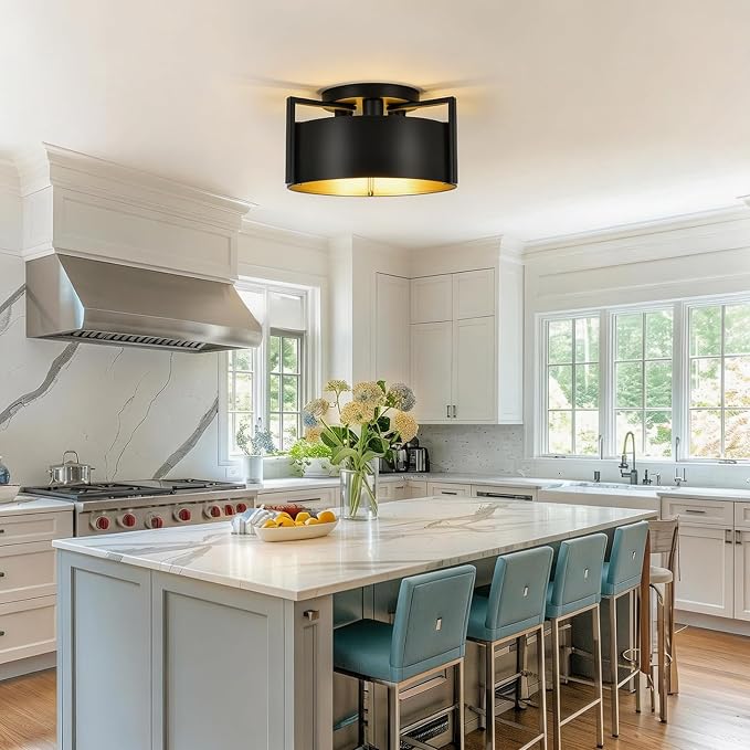 Black Semi Flush Mount Ceiling Light, 15'' Modern Farmhouse Hallway Entryway Light Fixtures Ceiling Mount, 3-Light Rustic Foyer Lighting Fixtures Ceiling lights for Kitchen Island Bedroom Dining Room - Image 5
