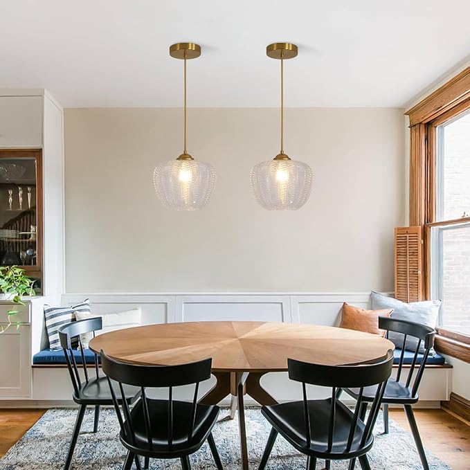 KCO Lighting Clear Glass Pendant Lights Kitchen Island Light Fixture Vintage Ribbed Glass Ceiling Light Antique Brass Pendant Light Gold Globe Pendant Light Fixture - Image 5
