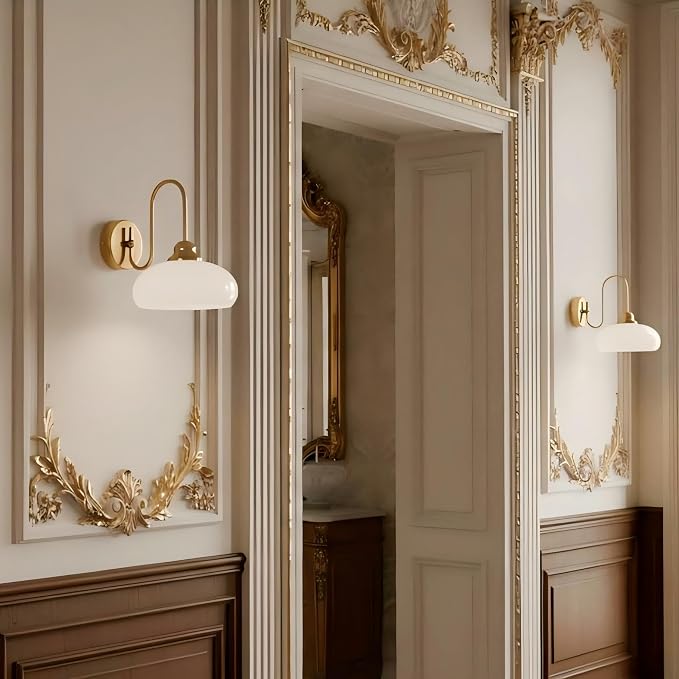 Modern Brushed Brass Wall Sconce Set of 2, 7.9" Smooth Glass Bowl Wall Lamps Hardwired 2 Pack for Bedside, Mid Century Elegant Milk White Glass Vanity Light Above Sink - Image 7
