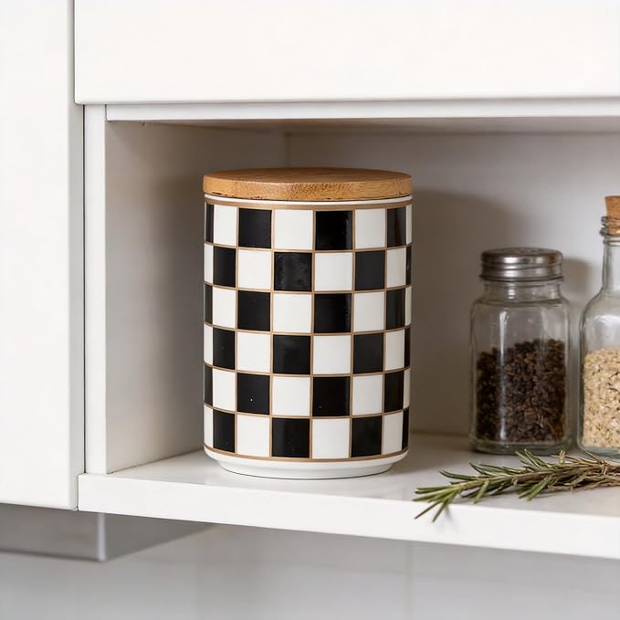 Kitchen Countertop Ceramic Checkered Canisters,Black And White Food Storage Containers With Lid,Airtight Kitchen Canisters for Flour, Sugar, Coffee, Tea, and Dry Goods (Black, Small) - Image 4