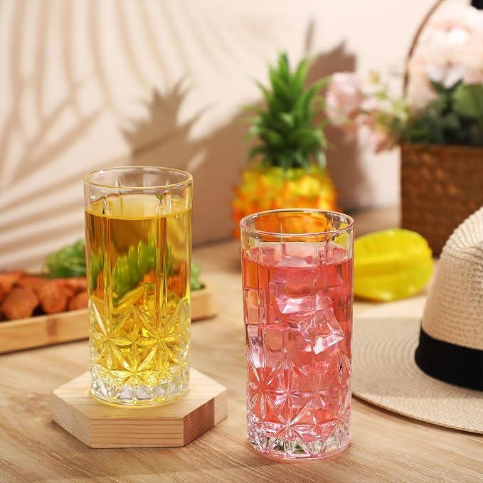 Uiifan Set of 12 Tall Highball Glasses 12 oz Crystal Drinking Glasses Clear Fancy Cups Vintage Textured Designer Glassware for Cocktail Tea Water Beer Soda Beverages, Dishwasher Safe(Stylish Style) - Image 3
