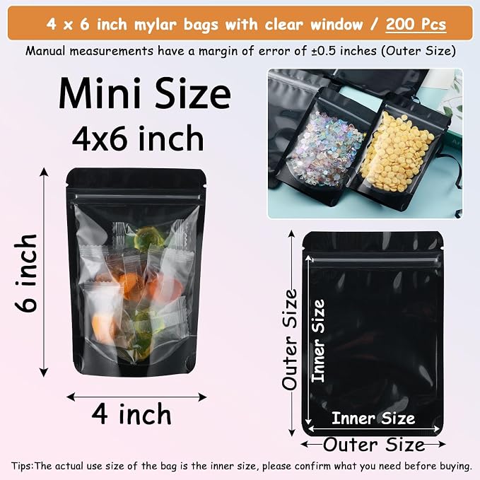 4X6 Resealable Bags 200 Pcs Mylar Bags for Food Storage Candy Packaging Black Mylar Bags with Window Reclosable Small Stand Up Pouches Edible Packaging for Small Business - Image 4