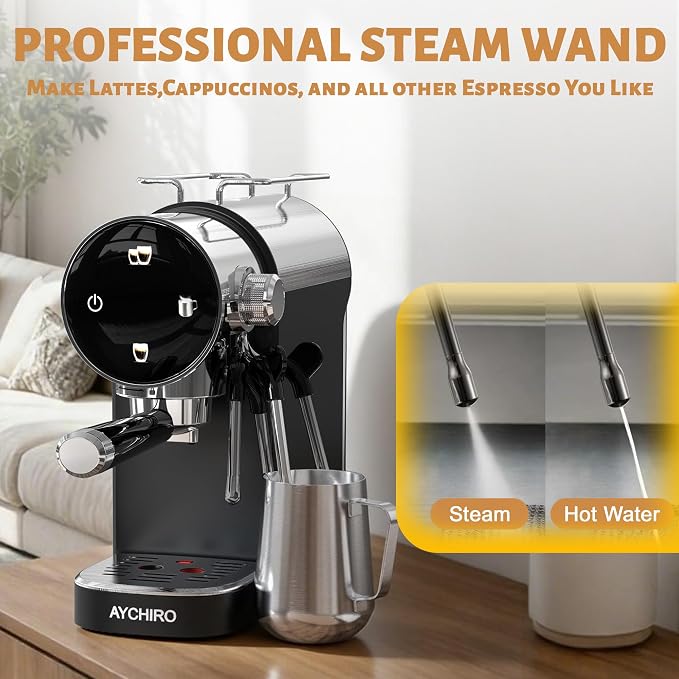 AYCHIRO 20 Bar Semi-Automatic Espresso Machine, Touch Panel Espresso Maker with Milk Frother Steam Wand, Cappuccino Latte Coffee Machine, Removable Water Tank for Home Barista,Matte Black - Image 7