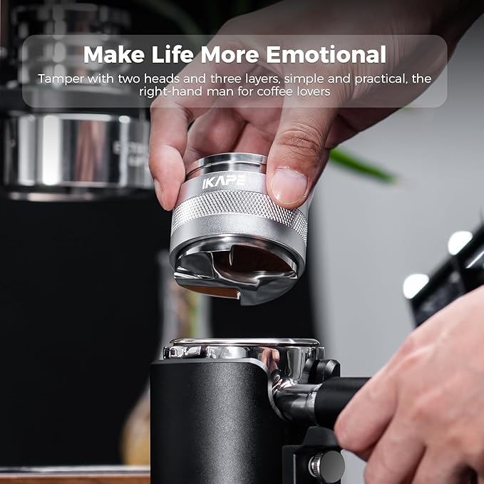 IKAPE Coffee Products, 53mm Coffee Distributor & Hand Tamper, Adjustable Depth Espresso Distributor Fits All 53mm Espresso Portafilter, Compatible with 54MM Breville Bottomless Portafilter (Silver)