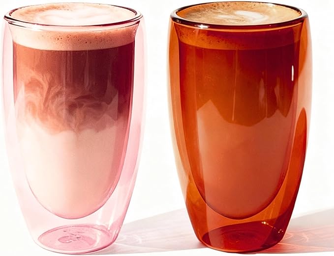 Double Wall Glass 15oz Insulated Glass Mug for Hot Beverage Coffee Tasting Christmas Drinks Home Café Cozy Nights Holiday Gifts Set in Amber Brown/Rose Pink