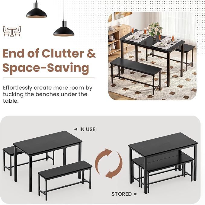 Dining Table Set for 4, Kitchen Table with 2 Benchs, Black | Modern Functional 3 Piece Space-Saving Dining Room Table Set for Apartment, Breakfast Nook, Small Space - Image 6