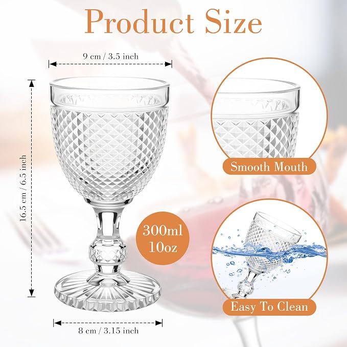 Bokon 6 Pack Clear Glass Goblets Set 10 oz High Clear Wine Glass Vintage Water Goblets Cups Embossed Diamond Design Glassware with Stem for Drinking Juice Liquor Party Wedding Bar - Image 3