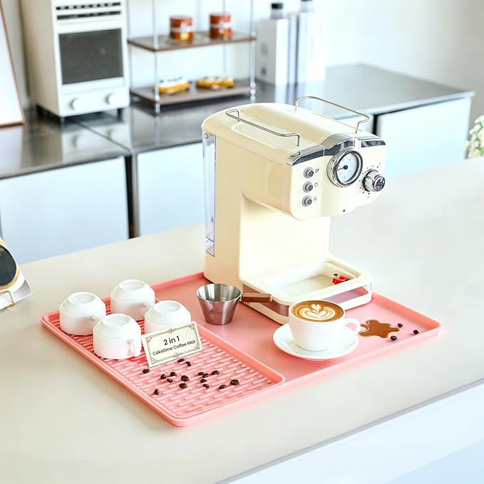 CAKETIME 2 In 1 16"x20" Silicone Coffee Bar Mat Accessories for espresso Machine with Detachable Dish Drying Mat Easy to Clean Kitchen Cafetera Barista Tools Pink Room Decor Cut Girls Gifts by CAKETIME