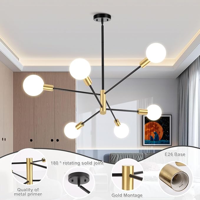 CANMEIJIA Modern Sputnik Chandelier 6-Light, Mid Century Modern Industrial Black Gold Ceiling Light Fixture for Dining Room Kitchen Island Bedroom Living Room(Black and Gold) - Image 3