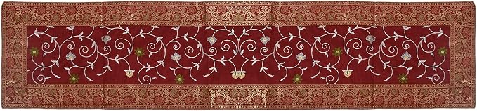 Indian Silk Table Runner Mate Cover Brocade Handmade Table Tapestry Tablecloth Maroon Color 152X42 Cm - Image 3