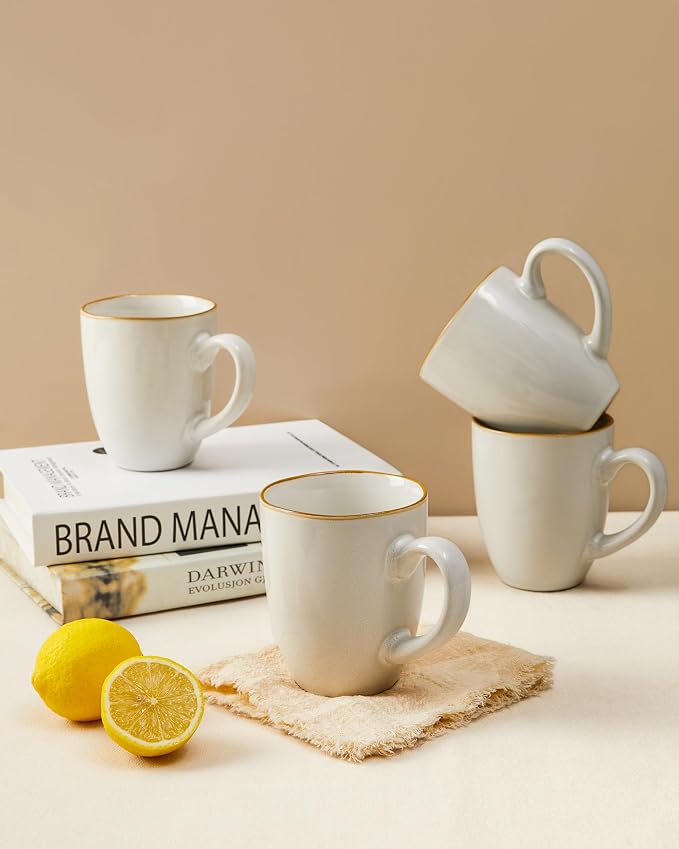 Pokini Coffee Mug 15 oz, Ceramic Coffee Mugs Set of 4, Reactive Glaze Mug for Latte/Tea/Cappuccino/Cocoa, Irregular Large Stackable Mug Set for Men, Women, Dad, Mom, Dishwasher & Microwave Safe, White - Image 4