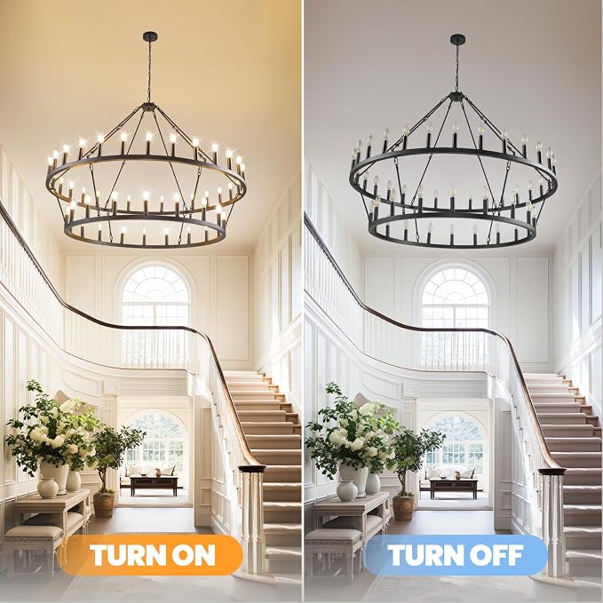 55 Inch Black Wagon Wheel Chandelier, 2 Tier 48-Lights Farmhouse Chandelier for Living Room, Round Rustic Dining Room Light Fixture, Extra Large Foyer Chandeliers for High Ceilings, for Entryway - Image 5