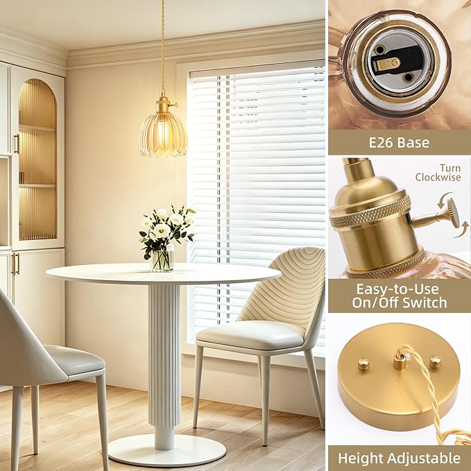 Ralbay Vintage Pendant Lights Kitchen Island,Amber Tulip Glass Shade,3Packs | Mini Pendant Light Fixture with Switch, Adjustable Brass Hanging Light for Bedroom, Dining Room, Hallway, Bar - Image 4