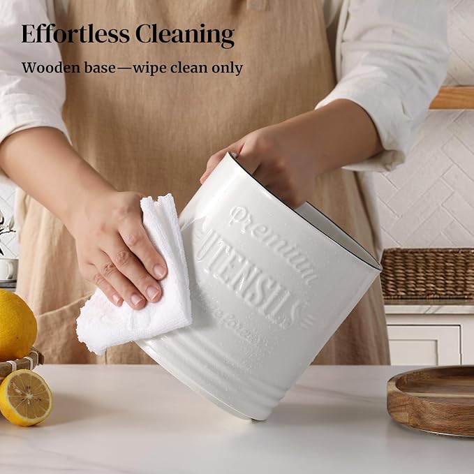 DOWAN 360° Rotating Extra Large Cooking Utensil Holder, 7.6" Kitchen Utensil Holder for Countertop, Utensil Crock for Farmhouse Kitchen Decor, Ceramic Stable Utensil Caddy, White Text - Image 6