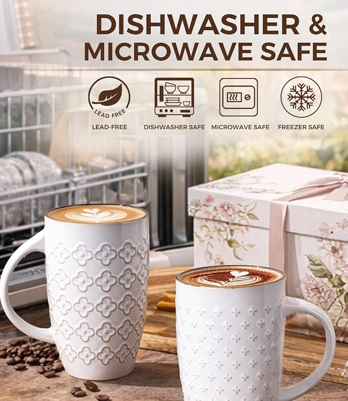 AmorArc Large Coffee Mugs Set of 4, 20oz Tall Coffee Mugs Set | with Texture Patterns for Cappuccino, Latte,Hot Cocoa, Dishwasher & Microwave Safe-Off White - Image 6