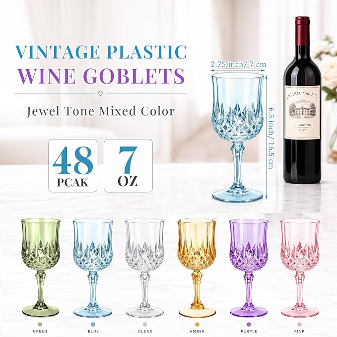 Sliner Multicolor 7oz Plastic Vintage Wine Glasses Drinking Goblets Unbreakable Crystal Water Glassware Reusable Diamond Champagne Flutes Cups for Wedding Banquet Birthday Party Supplies (48 Pcs) - Image 3
