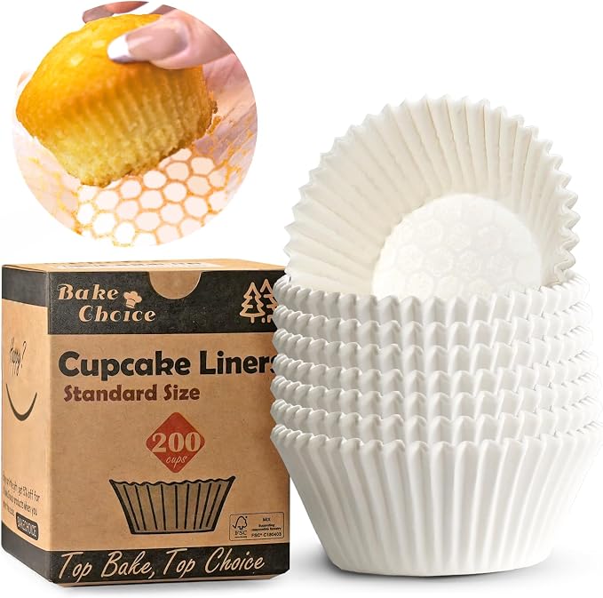 Bake Choice 200pcs Standard Cupcake Liners for Baking, White Muffin Liners | Upgraded Paper, Balance Non-Stick & Non-Slip, Greaseproof Parchment Paper, Cupcake Wrapper for Party, Wedding, Christmas by BakeChoice