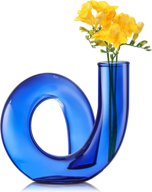 Joeyan Handmade Small Blue Glass Flower Vase,Decorative Geometric Glass Bud Vase for Modern Home Centerpieces Living Room Office,4.72" Abstract Vase for Single Flower and Dry Flowers by JoeyanHousehold