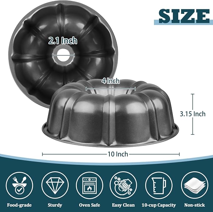 P&P CHEF 10 Inch Gray Non-stick Cake Pan, Carbon Steel Fluted Tube Pan | Round Baking Pan for Pound Cake, 10-Cup Large Capacity Bakeware, Healthy & Heavy Duty, 1 Piece - Image 2